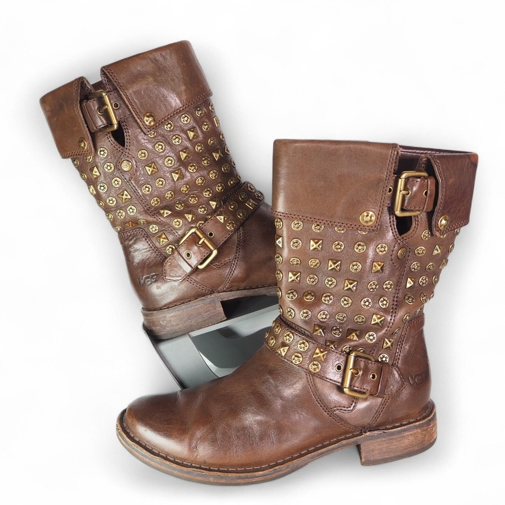 UGG Conor Studded Sheepskin Leather Moto Biker Boots Brown 1003605 Women's 8